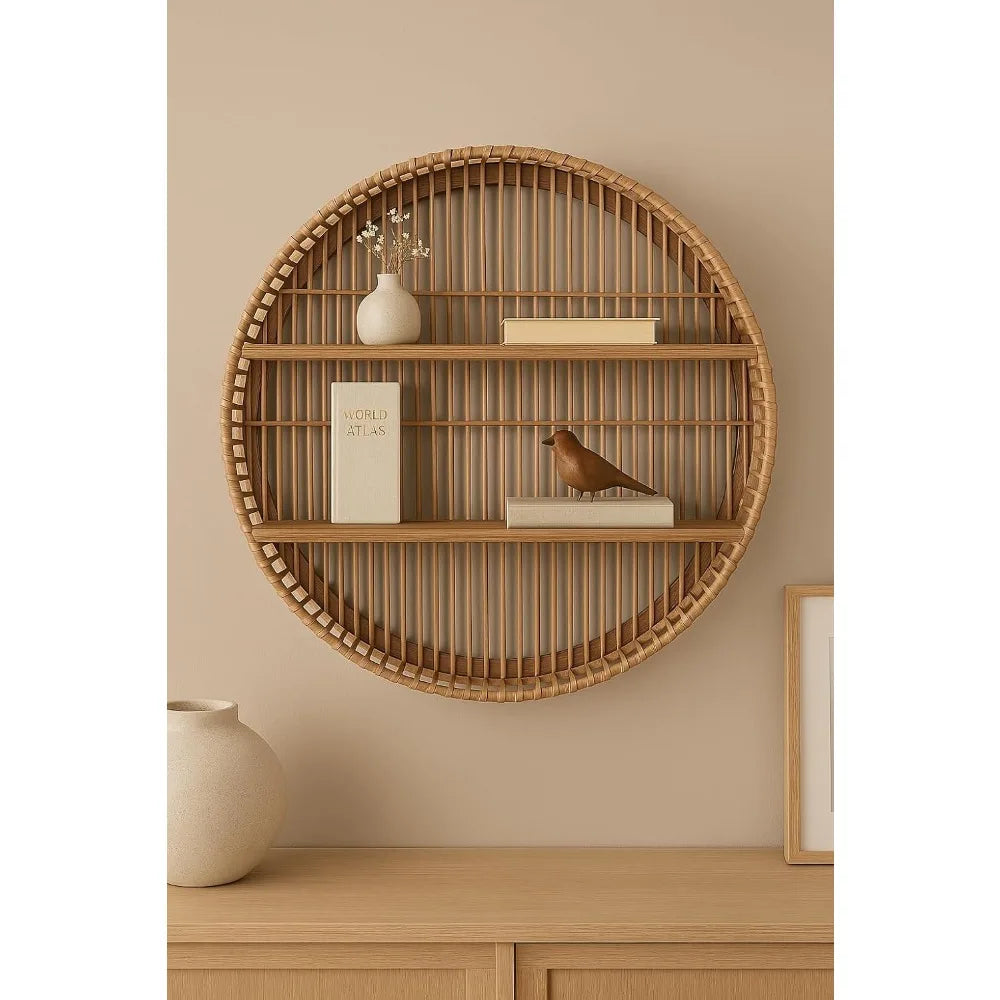 Bamboo Wall Shelf - Boho Decorative Round Floating Shelves - Rustic Hanging Storage Organizer for Home, Office, Bedroom, Living