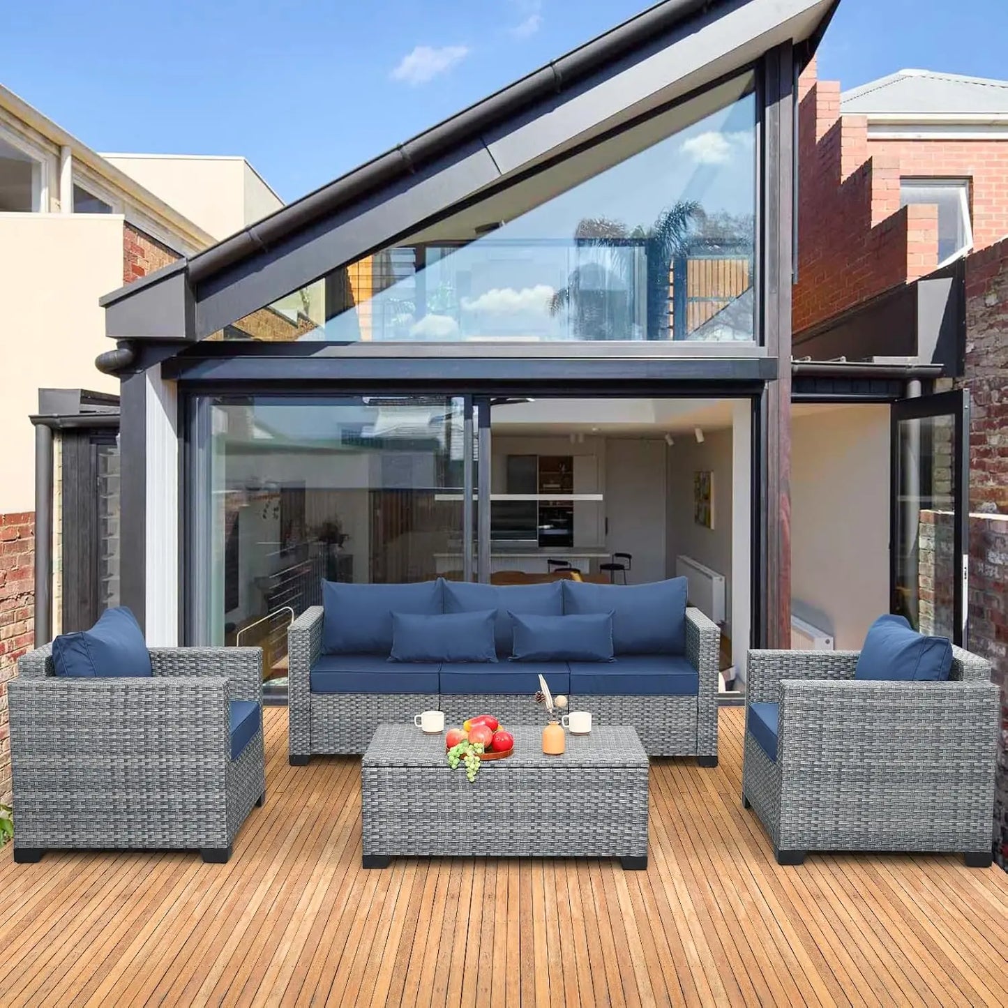 4 Piece Wicker Patio Furniture Sets Outdoor Conversation Set PE Rattan Sectional Sofa Couch with Storage Table and Cushions