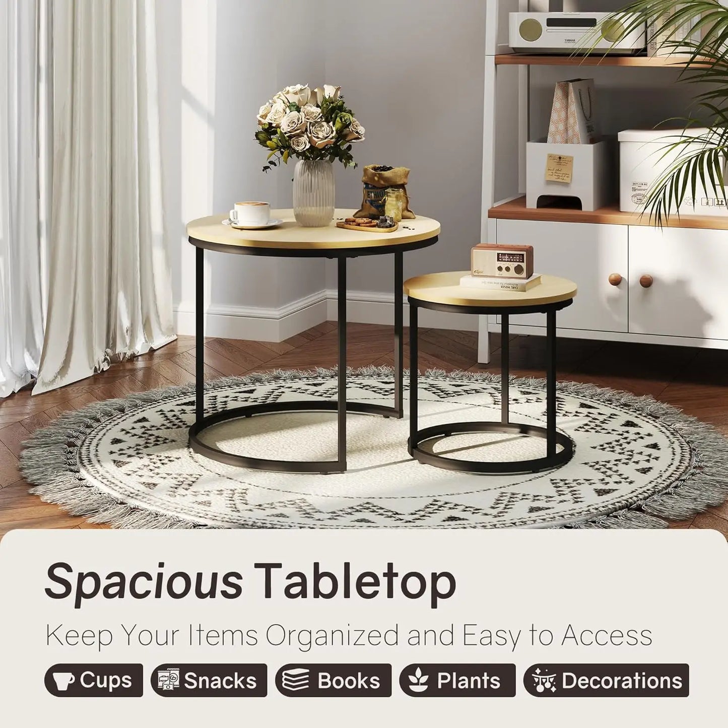 Nesting Tables Set of 2, Round Coffee Table, Small Nesting Coffee Table with Adjustable Non-Slip Fee, Wood Grain Top Nesting Tab