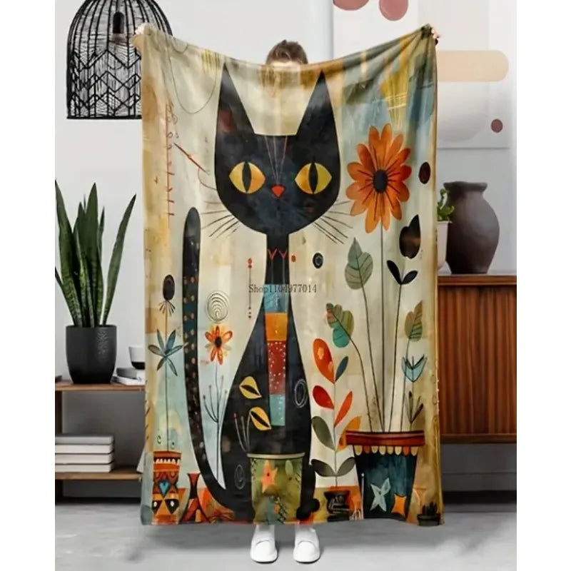 Retro cartoon black cat blanket, soft, warm and comfortable sofa bed office blanket, small blanket, nap blanket