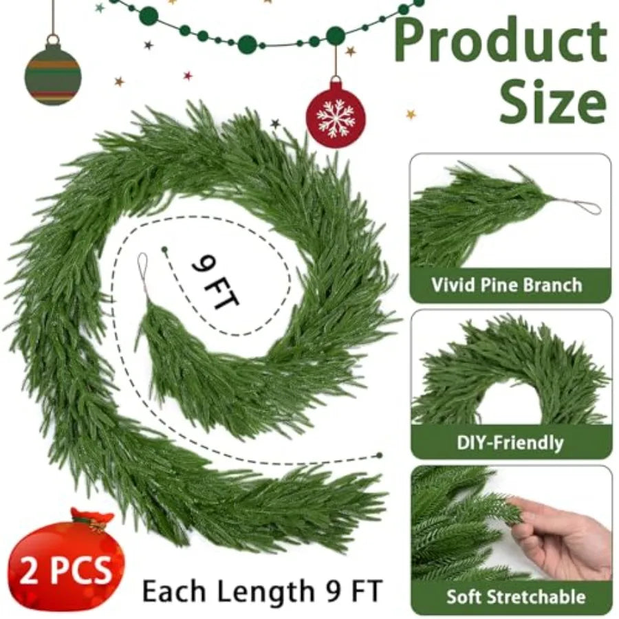 2Pcs 9 FT Artificial Norfolk Pine Garlands Realistic Christmas Greenery Garland for Mantel Table Stairs Indoor Outdoor Winter H