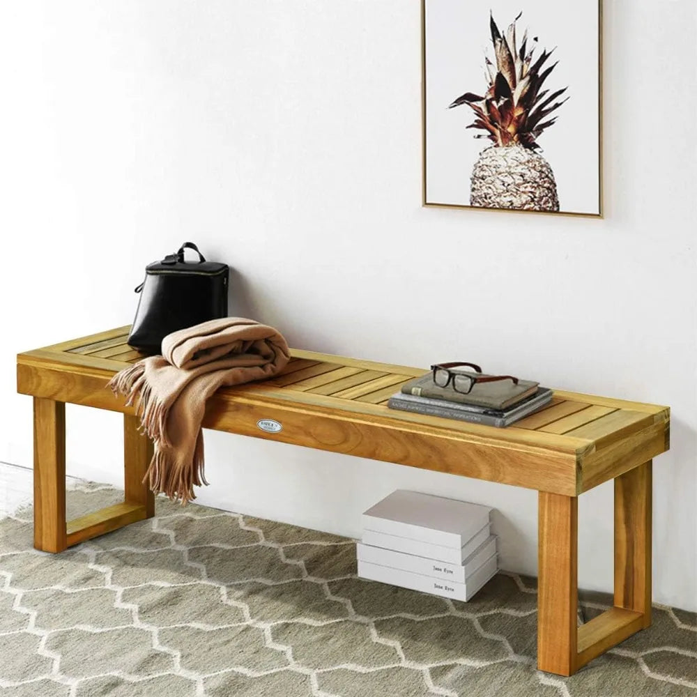 52” Outdoor Acacia Wood Garden Bench, Patio Wood Dining Bench with Slatted Seat, Wooden Backless Bench for Outdoors & I