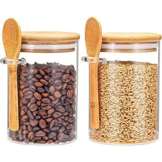 Airtight Food Storage Containers Glass Canister With Wooden Spoon and Lids 20 Oz Jars for Serving Bath Salt Sugar Spice Coffee