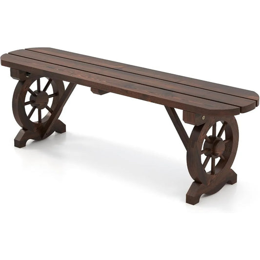 2-Person Wooden Outdoor Bench with Wagon Wheel Legs, Slatted Seat, Rustic Country Design, 710 Lbs Weight Capacity, Patio Bench