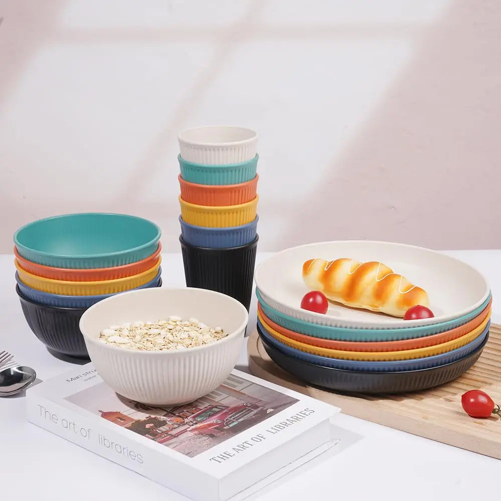 18Pcs Wheat Straw Dinnerware Sets, Unbreakable Dinnerware Set Kitchen Plates And Bowls Set Reusable Dishes Dishwasher And