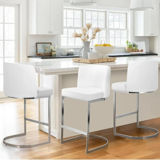 Counter Height Bar Stools Set of 3, Modern 26" Counter Stools with Back and C-Shaped Metal Frame, Upholstered Faux Leather