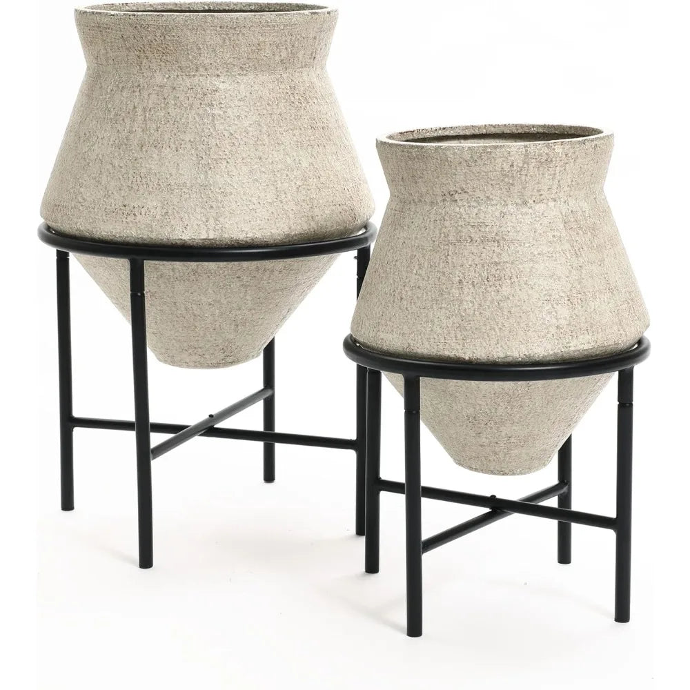 LuxenHome Planters for Indoor Plants, Set of 2 Indoor Plant Pots, Novelty Decorative Planters with Black Metal Stands, Distresse