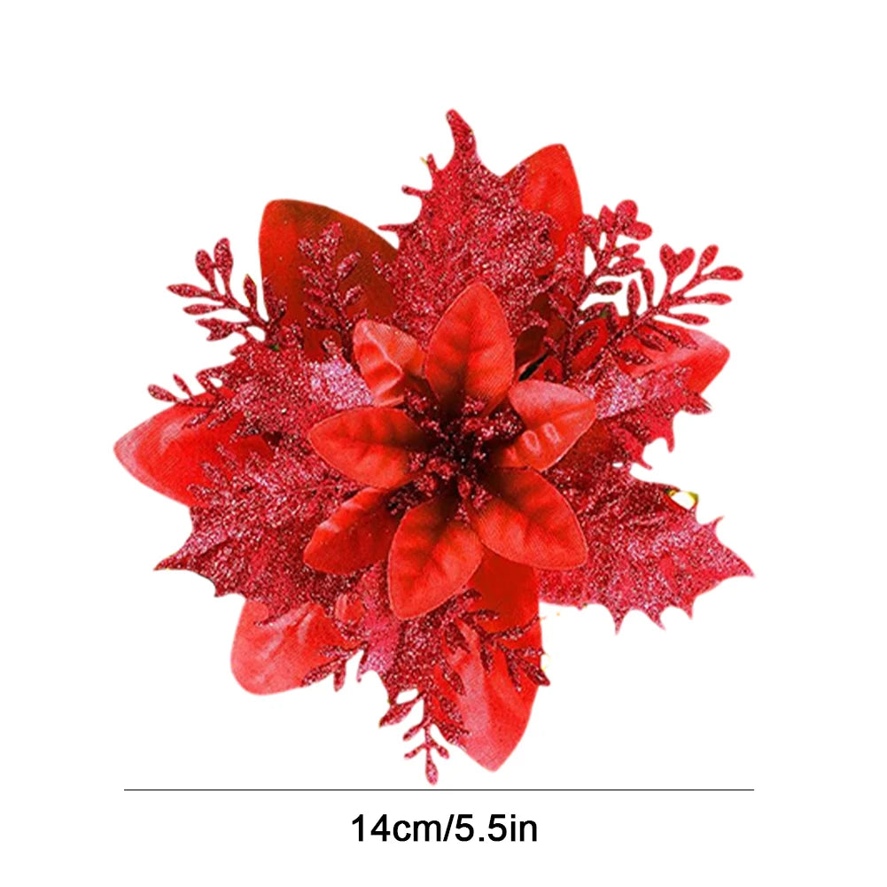 12/24/36Pcs Christmas Glitter Artificial Flowers Decorative Xmas Tree Poinsettia Flower Hanging Ornament for Stairs Window Decor