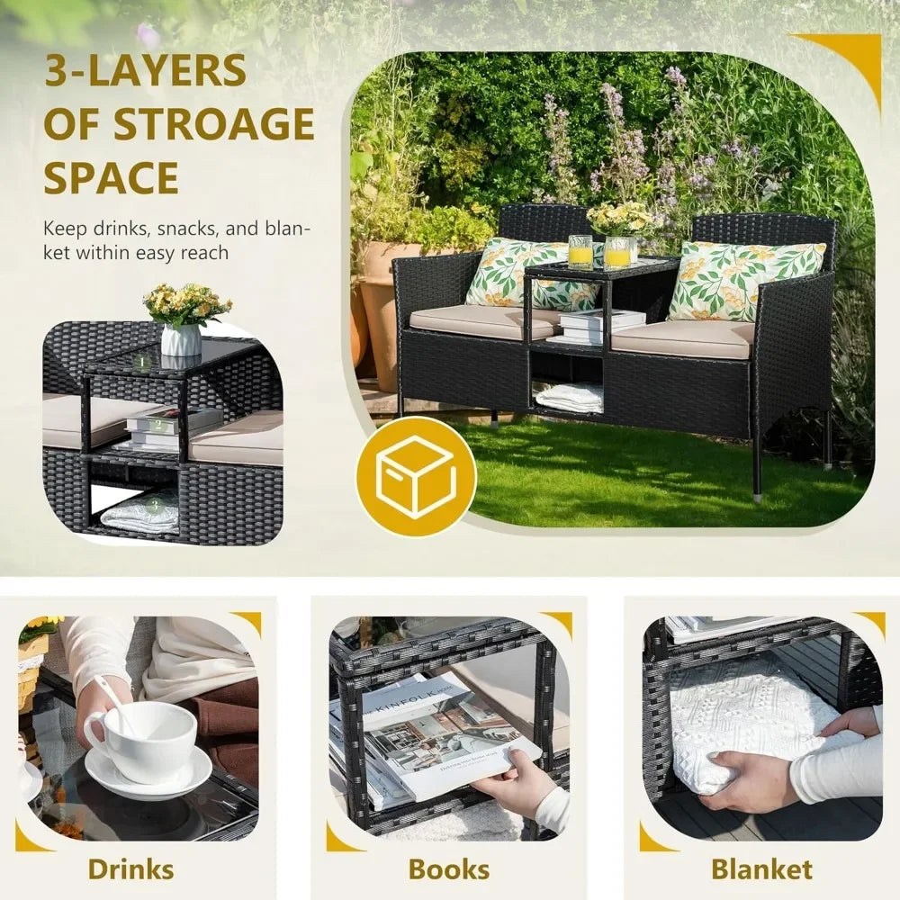 Outdoor Furniture Patio Loveseat Wicker Seat with Built-in Table and Cushions Rattan Porch Chairs Bench for Balcony, Lawn