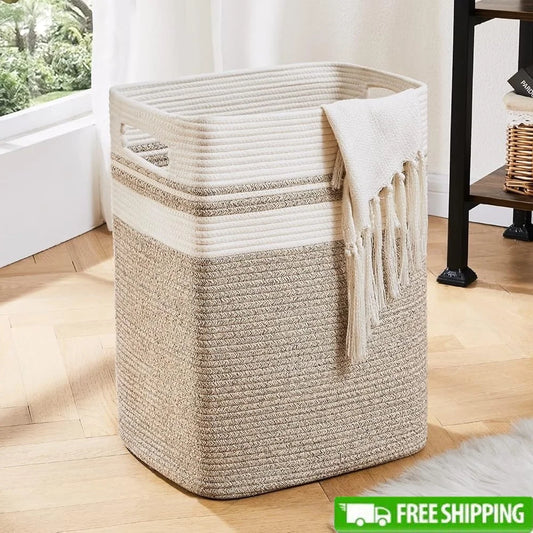 Laundry Hamper Cotton Storage Basket Collapsible Large Basket with Handles Portable Decorative Blanket Toy Organizer Living Room