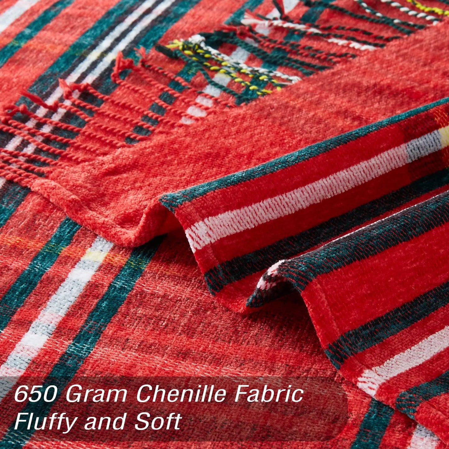 Christmas Plaid Chenille Throw Blanket for Couch Red and Green, Fluffy Soft Knitted Throw Blankets with Tassel Fringe for Sofa