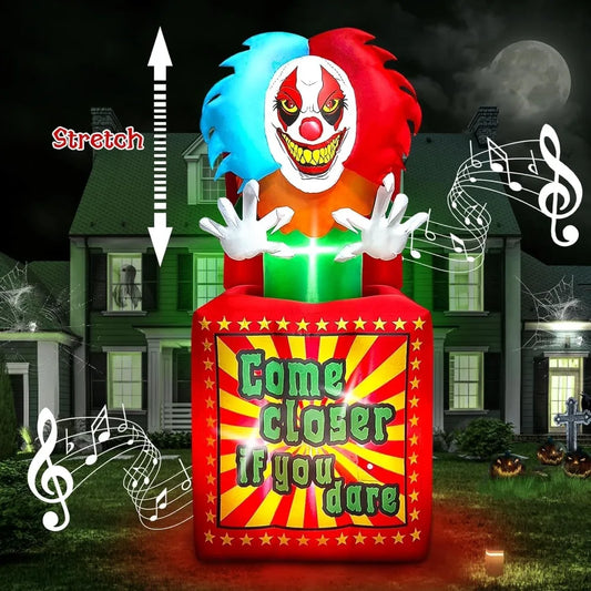 6.6 FT Halloween Inflatables Animated Clown with Music,  Circus Clown Box Outdoor Decorations Blow Up Yard with Built-in LEDs fo
