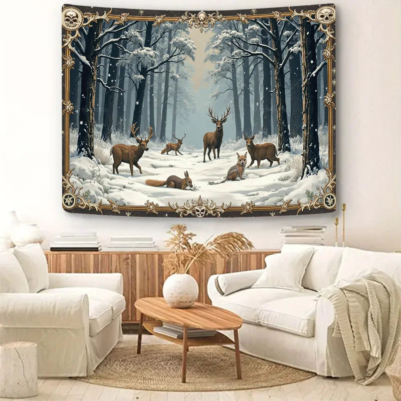 1pc Wall Tapestry "Enchanted Winter Forest Tapestry with Deer and Fox in Snowy Scene"