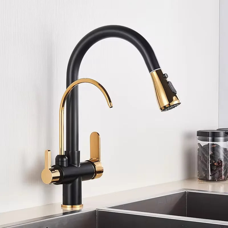 Filtered Crane For Kitchen Matte Black Pull Out Spray 360 Rotation Water Filter Tap Three Ways Sink Mixer Kitchen Faucet