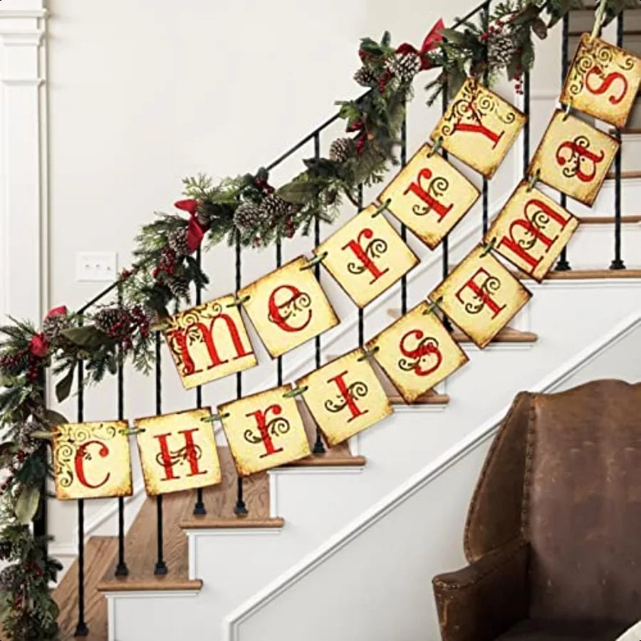 Christmas Decorations  Merry Christmas Banner Retro Nostalgic Traditional Old Fashioned Victorian Xmas Holiday Clearance Decor