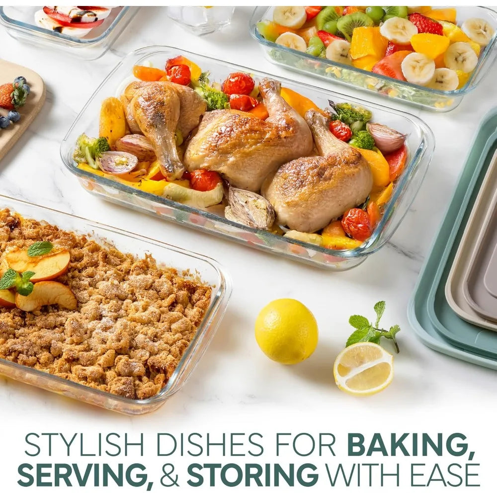 8-piece deep glass baking dish set with plastic lids – casserole and food storage containers for lasagna, leftovers – freezer-t