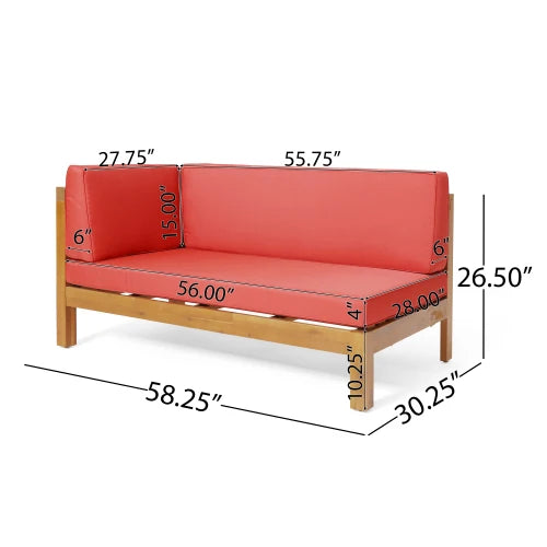 Left rear bench, red seat cushion, Acacia wood frame, cross backrest design