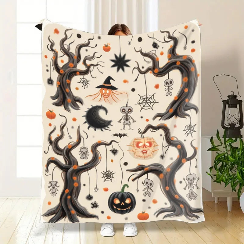 Flannel Blanket-Soft Lightweight All-season Halloween Themed Baby Blanket with Spooky Pumpkin Skeletons and Bats Design