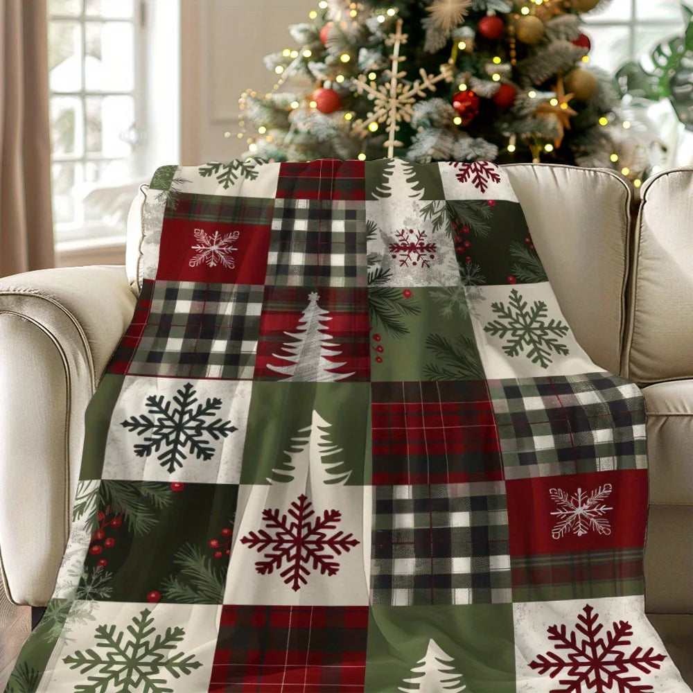 Cozy Christmas Blanket with Vintage Red Buffalo Check & Snowflake Design - Soft, Warm Flannel Throw for Naps, Camping, Travel