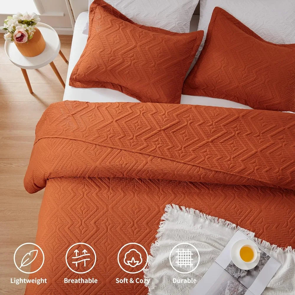 LEAONME Full/Queen Quilt Set 3 Pieces, Lightweight Burnt Orange/Rust Bedspread-90''x98'', Soft Microfiber Summer Quilt, Luxuriou