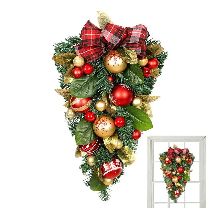 Christmas Wreath Artificial Magnolia Leaves Christmas Teardrop With Red Gold Ball Ornaments Bow Knot Decor Winter Christmas Home