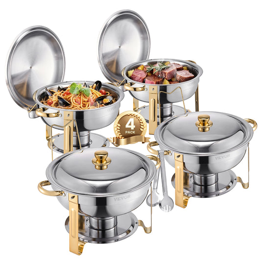 VEVOR 4 Pack Chafing Dish Buffet Set Stainless Steel Chafer with 4 Full Size Pan Round Catering Warmer Server for Party Banquets