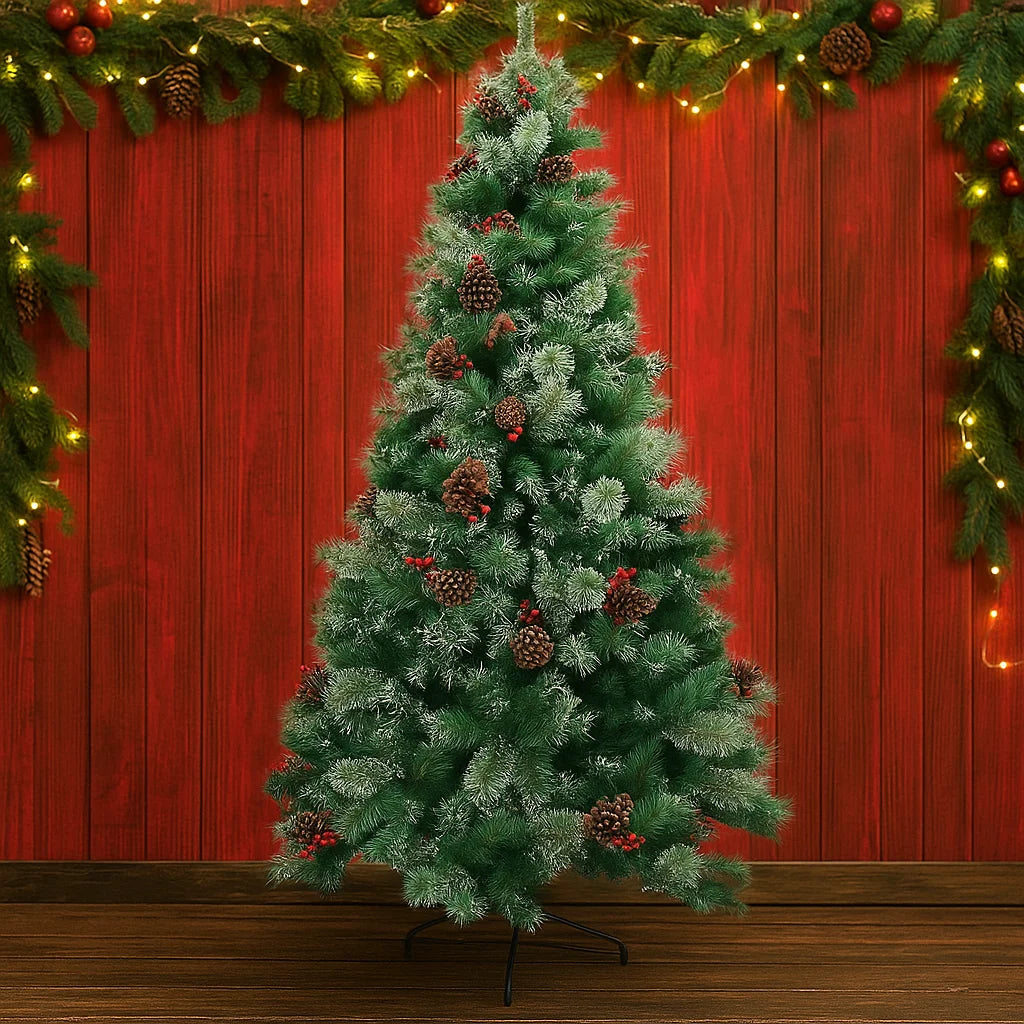 Christmas Tree 180cm/210cm Mixed Pine Needle PVC with Pine Cones & Red Berries, Full Shape, Iron Stand