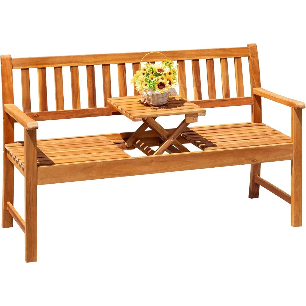 Outdoor Bench, 2-Person Garden Bench, Patio Wood Bench Outdoor Loveseat with Pull-Out Center Table for Backyard
