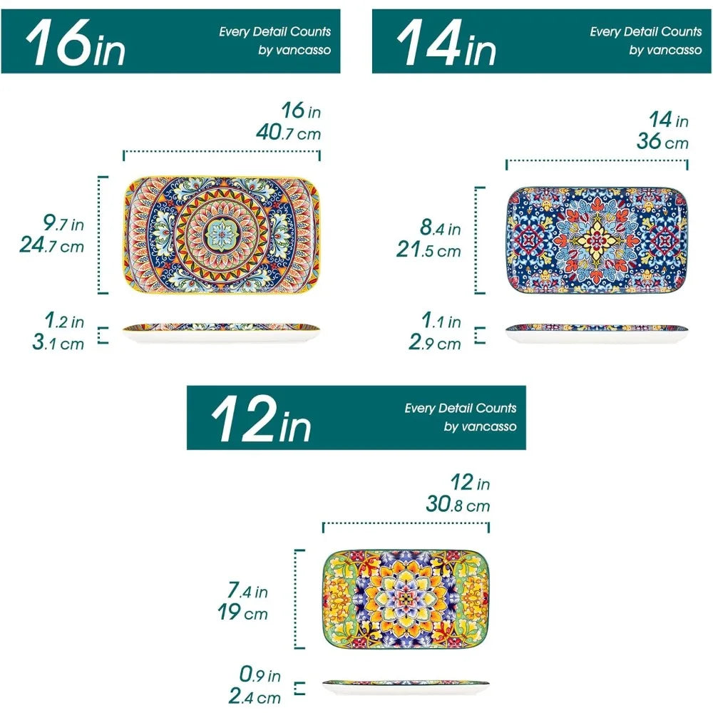 Rectangular Serving Platters Set, 3-Piece, Sizes 16", 14", 12" - Large Bohemian Ceramic Dishes