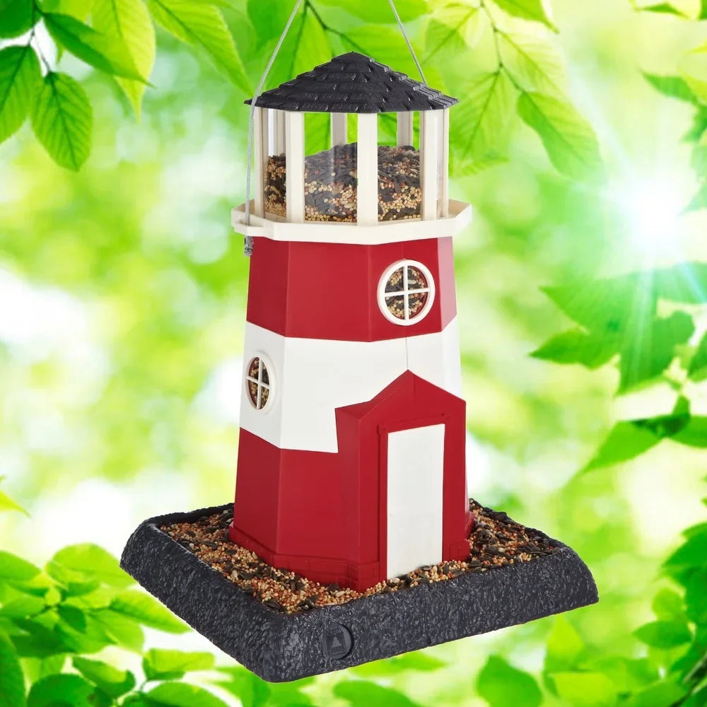 Hopper Bird Feeder Nautical Lighthouse Design Squirrel Proof Removable Tray Easy Clean Hanging or Pole Mounted 8 lb Capacity