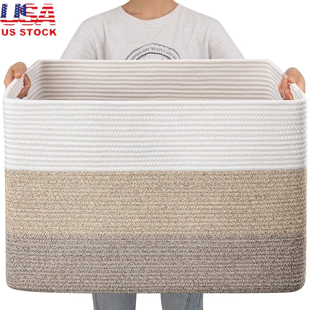 Large Cotton Rope Storage Basket Blanket Toy Organizer Woven Basket with Handles Living Room Nursery Bedroom Laundry