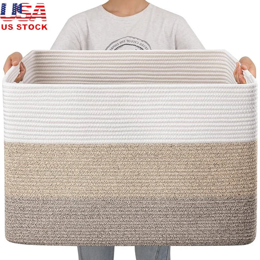 Large Cotton Rope Storage Basket Blanket Toy Organizer Woven Basket with Handles Living Room Nursery Bedroom Laundry