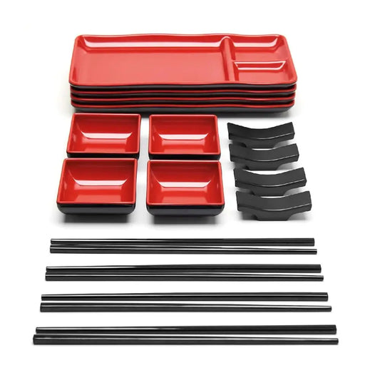 Sushi Serving Set, With 4 Japanese Sushi Serving Plate, 4 Soy Sauce Dish, 4 Pairs Of Chopsticks And 4 Chopsticks Stands-