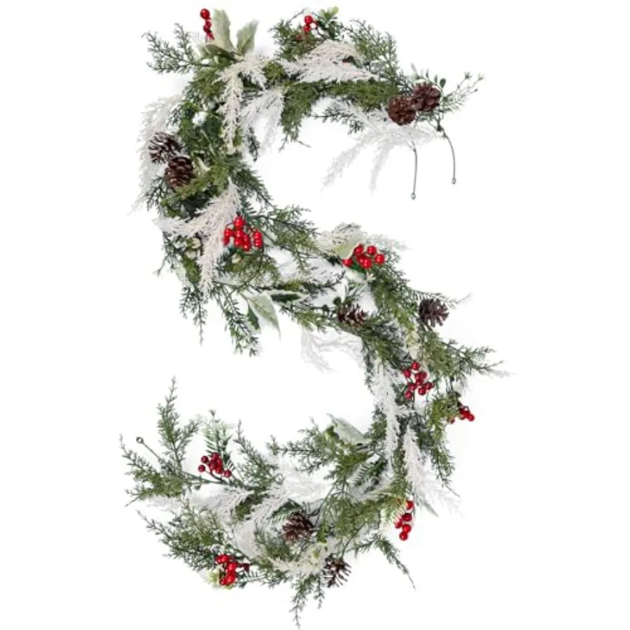 Artificial Christmas Garlands 2 PCS5.9FT Faux Hanging Winter Vines Red Berries Holly Leaves with Pine Cones Pine Needle Cedar G