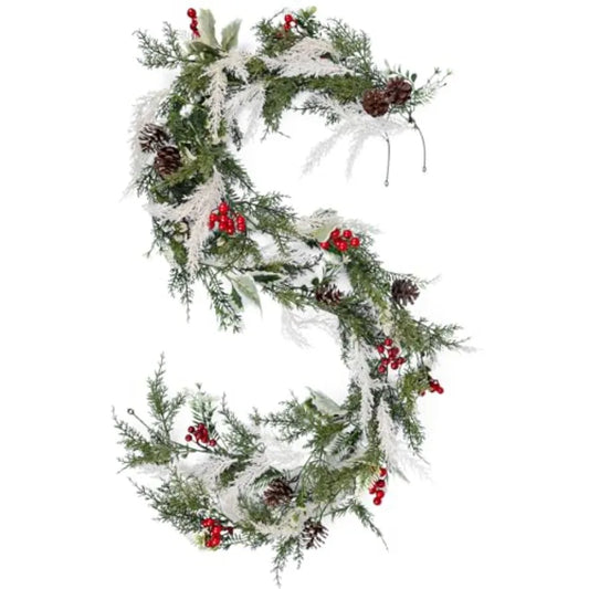 Artificial Christmas Garlands 2 PCS5.9FT Faux Hanging Winter Vines Red Berries Holly Leaves with Pine Cones Pine Needle Cedar G