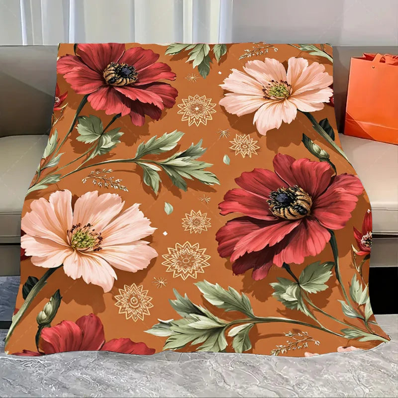 1pc Flannel Blanket Vibrant Floral Throw Blanket - Retro Style for Cozy Living Room Decor