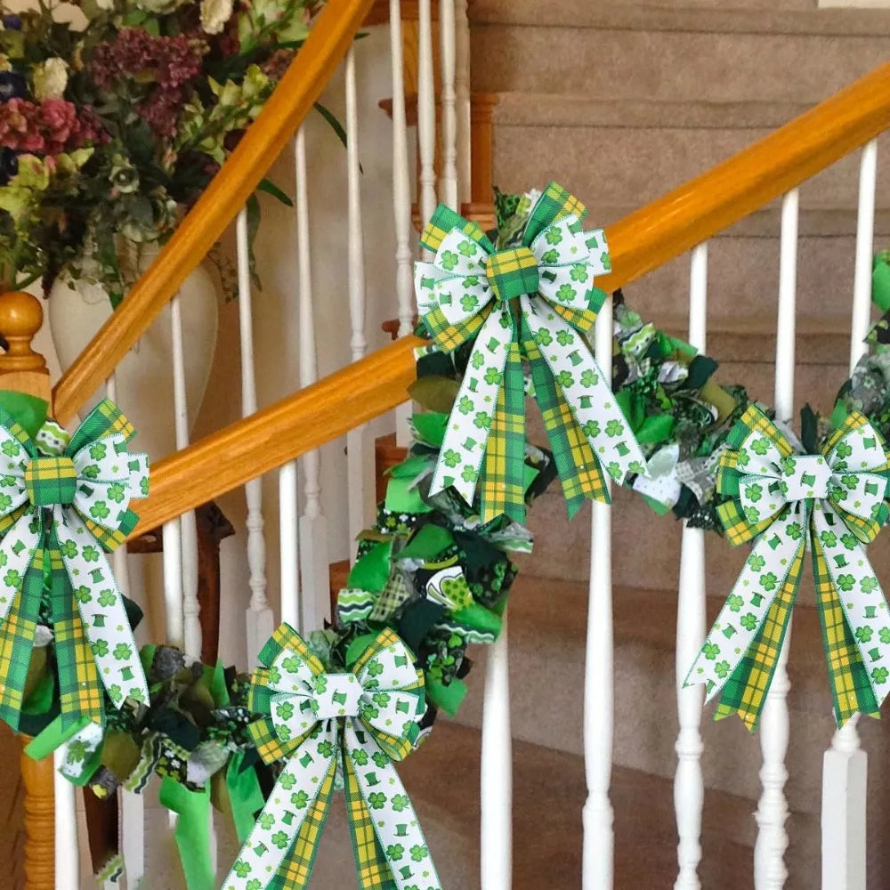2 Pack St. Patricks Day Shamrock Bows for Door Frame Fireplace Tree Decorations - YEFIUO Clover Bows & Ribbons Decorative 8.66"*