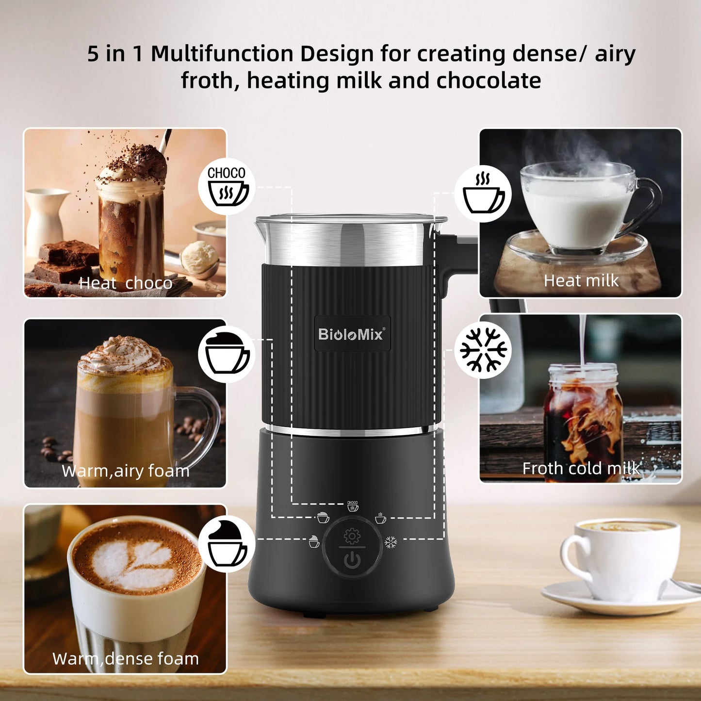 BioloMix 5-in-1 Detachable Milk Frother and Steamer，Automatic Hot/Cold Foam and Hot Chocolate Maker ,Dishwasher Safe