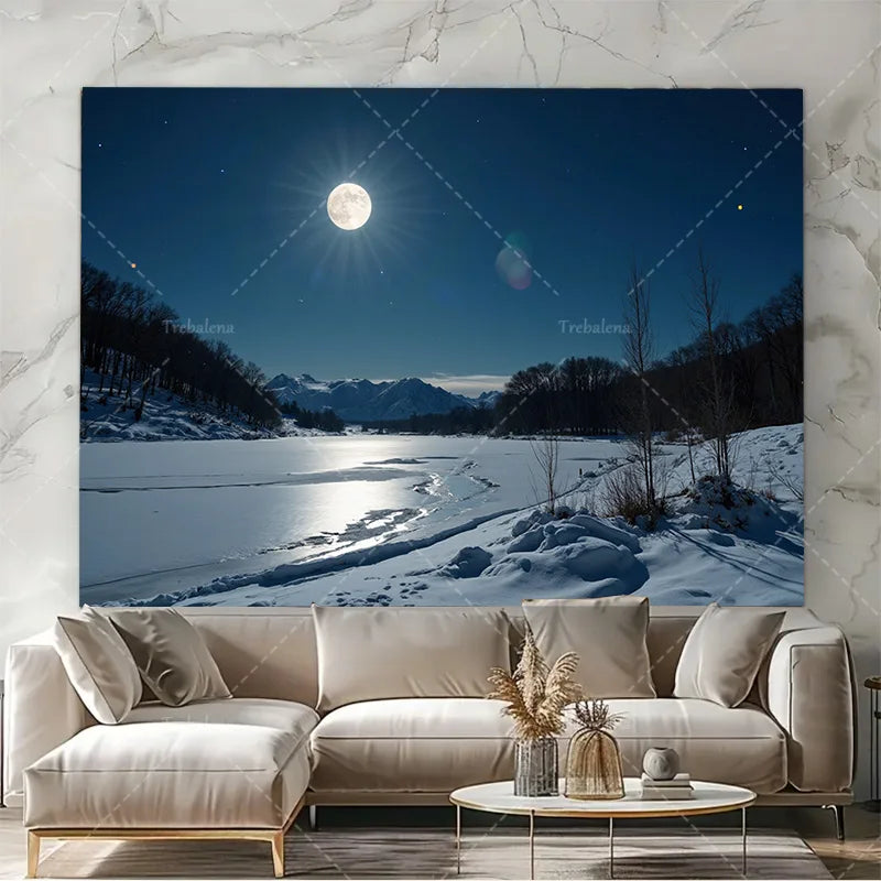 1pc Wall Tapestry "Starry Night Snowscape Tapestry - Full Moon Over Winter Lake"
