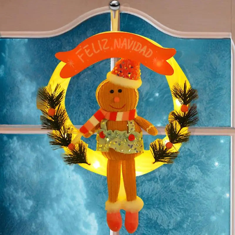 Christmas Gingerbread Man Doll Wreath Lighted Christmas Hangable Ornaments Gingerbread Welcome Garlands for Decorative Door