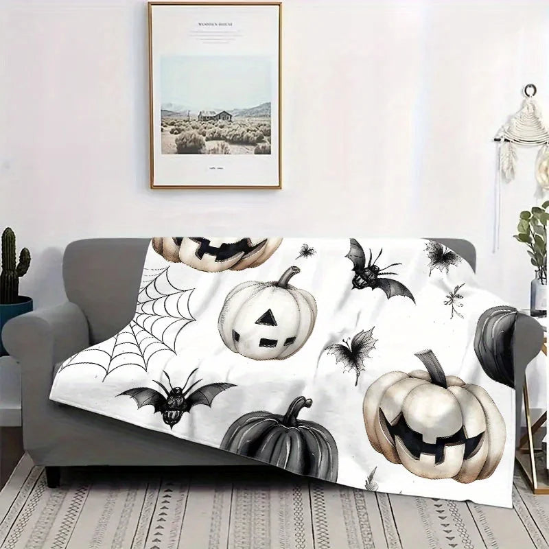 Halloween Flannel Fleece Throw Blanket - 100% Polyester Knitted Soft Sofa Throw with Pumpkin, Bat, and Spider Web Design