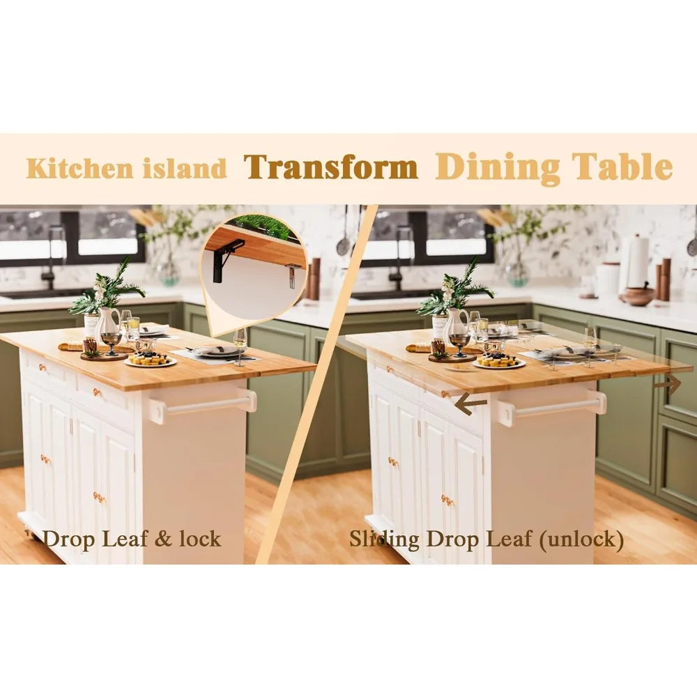 51.2'' Rolling Kitchen Island with Drop Leaf - Kitchen Carts on Wheels with Storage, Towel Rack, Drawers Island Table for Kitche