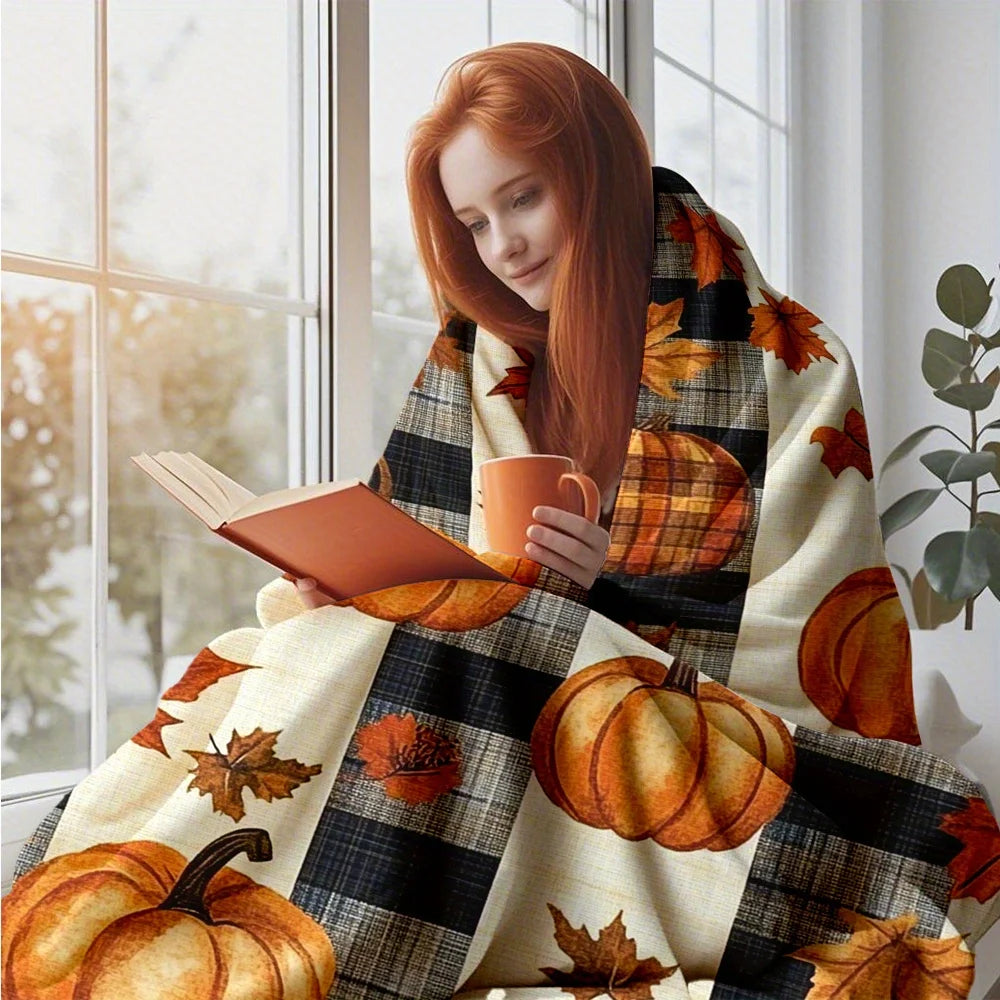 1pc Pumpkin & Fall Leaves Flannel Blanket - Soft Orange/Black/Plaid Pattern Throw - Machine Washable All-Season Bedspread