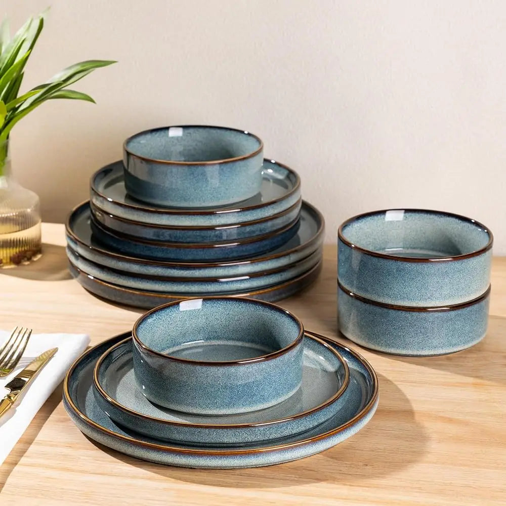 Ceramic Dinnerware Sets For 4, 12 Pieces Stoneware Plates And Bowls Sets, Reactive Glaze Dishes -Scratch Resistant,