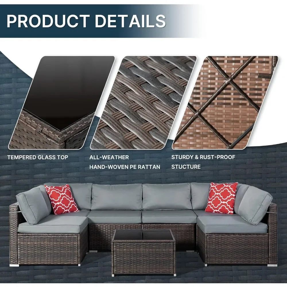 7 Pieces Patio Furniture Sets, Outdoor All-Weather Sectional Patio Sofa Set PE Rattan Manual Weaving Wicker Patio Conversation