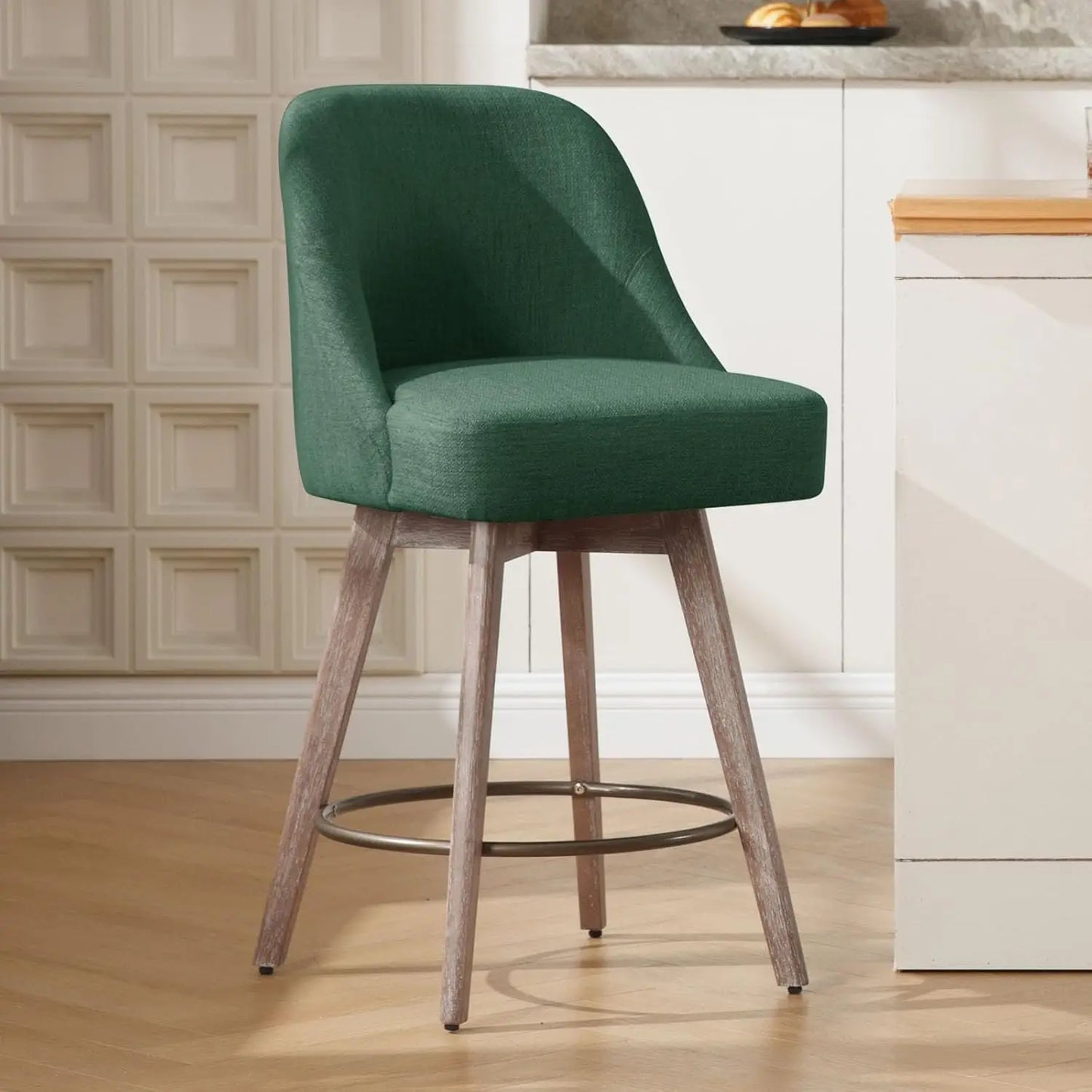 Counter Height Bar Stools Set of 2, Modern Mid-Century Swivel Barstools with Backs and Wood Legs, Linen Fabric Upholstered
