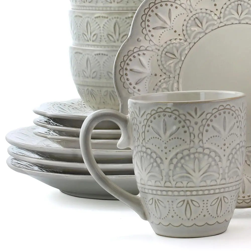 Elegant Round Emed Stoneware High Class Dinnerware Dish Set, 16 Piece, White