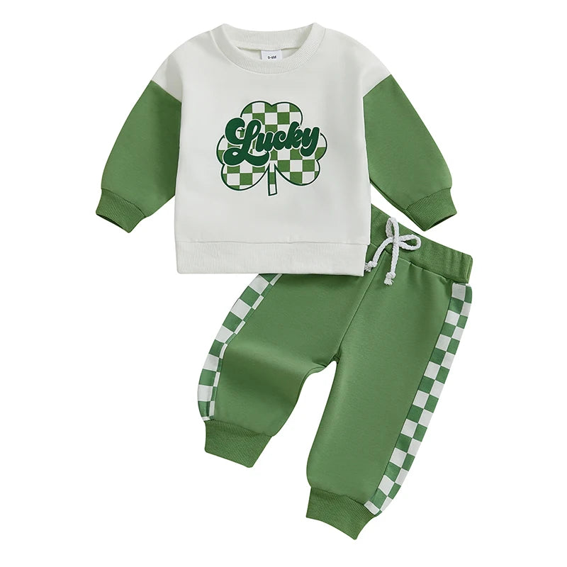 St Patrick s Day Costume Set Green Shamrock Print Shirt and Pants Outfit for Boys with Long Sleeves and Drawstring