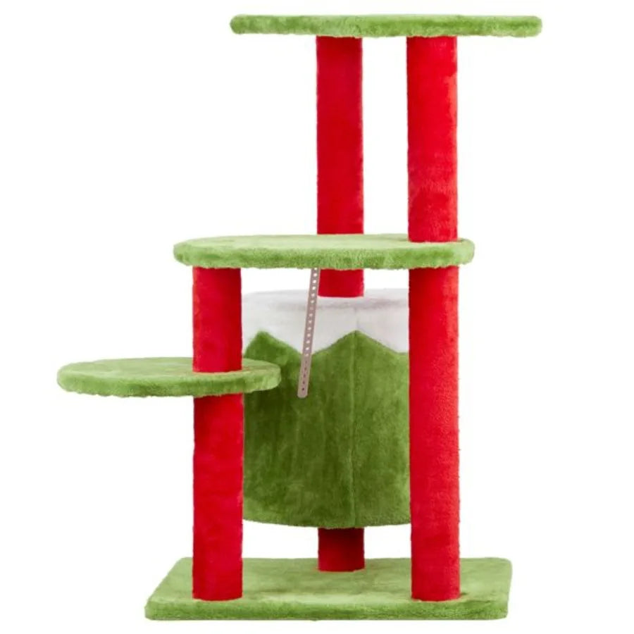 32in Christmas Themed Cat Tower with Cat Condo 3Level Plush Cat Tree Activity Center for Indoor Cats