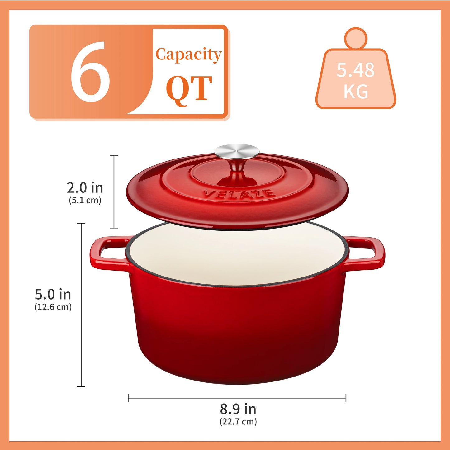 Velaze Dutch Oven 5L Cast Iron Pot with Stainless Steel Knob Lid, Naturally Non-Stick Enamelled Casserole 23cm 3 color Option